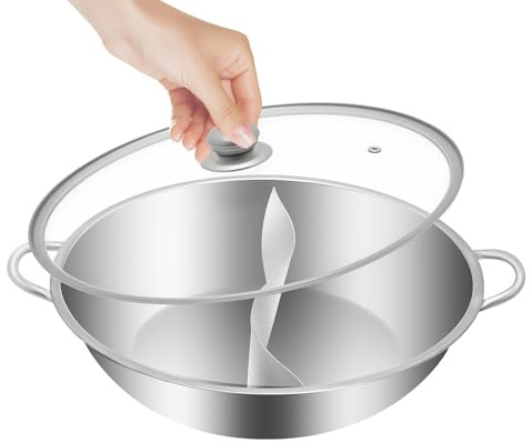 LENDISIY Hot Pot rostfritt stål hotpot gryta med lock kinesisk hot pot fondue rostfritt stål dubbel shabu shabu kastrull för induktionshällar, gasspisar, elektriska spisar (34 cm)