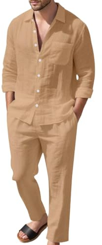 RUMAOZIA Traje de lino de dos piezas para hombre, pantalones de lino de verano y camiseta de lino, 2 piezas, traje de tiempo libre, camisa de lino y pantalones, conjunto casual, chándal de