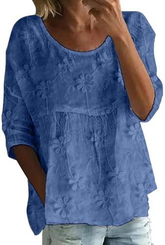 Camicia da donna in lino ricamata, con maniche a 3/4, girocollo, in garza bohémien, leggera, vestibilità larga, tunica per uso quotidiano, 1A-blu, L