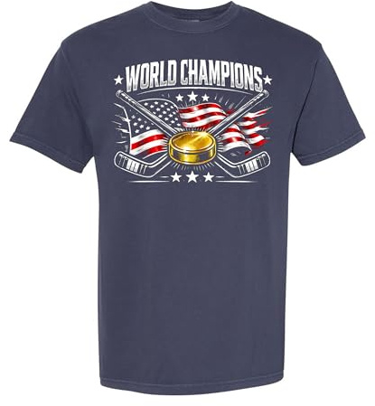 USA World Champions Shirt – Patriotic Hockey T-Shirt – Gold Puck American Flag Graphic Tee - Comfort Colors T-Shirt Large Navy