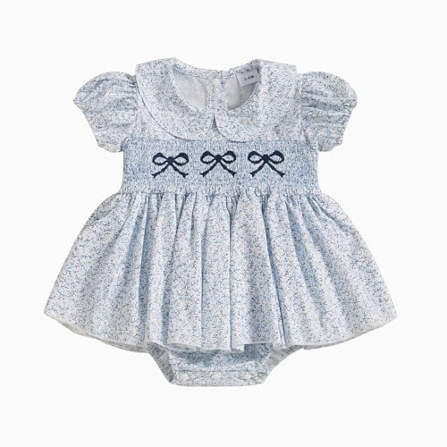Ardougudougu Newborn Baby Girl Romper Dress Bow Cute Puff Sleeve Doll Collar Jumpsuit Infant Floral Print Summer Dresses Clothes (Blue, 0-3 Months)