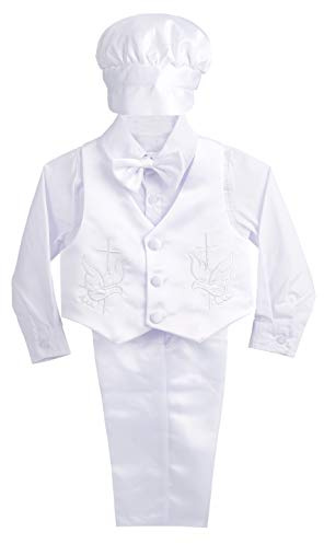 Lito Angels - Abito da Battesimo per Bimbo, Completo Bianco 5 Pezzi Set (Gilet, Camicia, Pantaloni, Papillon e Cappello), Taglia 12 Mesi, Stile D, Manica Lunga