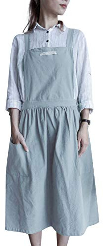 Nanxson Linneförkläde av bomull för kvinnor, förkläde, matlagning, kök förkläde, arbetsförkläde med 2 fickor, CF3094, Ljusgrön, One size