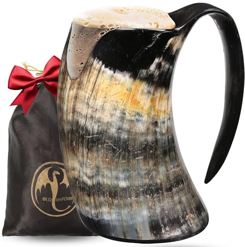 OLDEMPEROR Viking Drinking Horn Mug -16 Oz - Chirstmas Gifts for Men, Women, Dad, Husband - Unique Handmade for Hot & Cold - Food Grade Medieval Style Ale Beer & Mead Cup