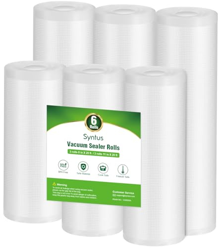 Syntus Vacuum Sealer Bags, 6 Pack 3 Rolls 11 x 20' and 3 Rolls 8 x 20' Commercial Grade BPA Free Bag Rolls, Food Vac Bags for Storage, Meal Prep or Sous Vide