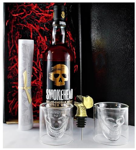 Geschenk Smokehead Single Malt Whisky + Ausgießer Schädel + 2 Whiskey Totenkopf Gläser