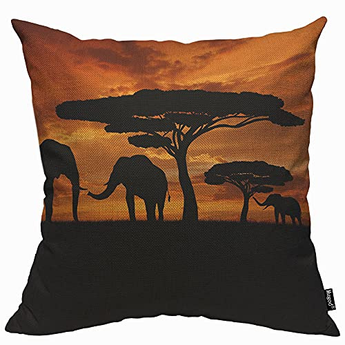 Mugod African Animal Elephants Cushion Cover Throw Pillow Covers Family Walk Sunset Pillow Case for Men Women Decorative Home Sofa Chair Couch 45x45cm/18x18 Inch