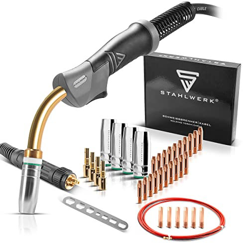 STAHLWERK MIG MAG Alu-Set AK25 MB25 Schweißbrenner mit 3m Schlauchpaket + Verschleißteile Set zum Aluminium Schweißen 28-teilig Gasdüsen + Stromdüsen + Düsenträger