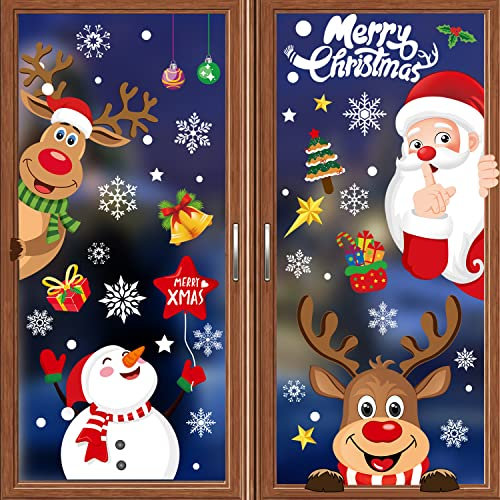 Weihnachts-Fensteraufkleber, 256 Stück, Weihnachtsaufkleber für Glas, wiederverwendbar, doppelseitig, selbstklebend, Fensterdekoration, Weihnachtsmann, Elch, Schneemann, Socken, Weihnachtsbaum und