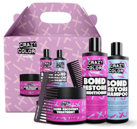Crazy Color Bond Builder Kit - Treatment, Shampoo & Conditioner Trio Gift Set - for Dry Damaged, Bleached, Coloured, Broken, Curly or Frizzy Hair. Vegan & Sulphate Free.
