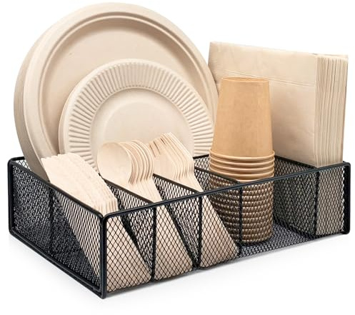 Dysanvica Metal Paper Plate Holder - Utensil Silverware Caddy for Kitchen Counter Cabinet Cutlery Flatware Organizer Storage Dispenser Box for Plastic Spoon Fork Plates Napkins Cup Party Camping Black