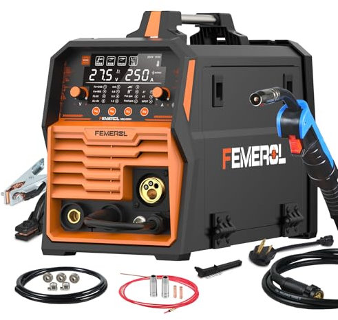 FEMEROL 250A MIG Welder,6 in 1 Gas MIG/Gasless Flux Core/Stick/Lift TIG/Spot Welding/Spool Gun Compatible Aluminum Welding Machine Large LED Display 110V/220V Multi Process Welder