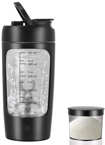 LIFEDYLUK Protéine Shaker Électrique avec boîte de stockage de poudre de protéines, 650 ml Mélangeur de Protéines, Portable Shaker Tasse pour boissons protéinées, sans BPA(noir)