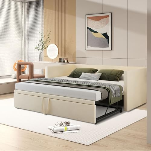 LLODERY Letto imbottito 90/180 x 200 cm, divano letto estraibile con rete a doghe, letto multifunzione con braccioli e schienale, letto matrimoniale in velluto (beige)