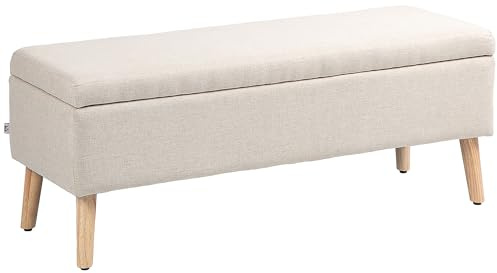 HOMCOM Sitzbank mit Stauraum Polsterbank mit Leinenoptik, Sitztruhe mit Holzbeine, Truhenbank für Wohnzimmer Schlafzimmer Flur 110 x 39 x 45 cm, Beige