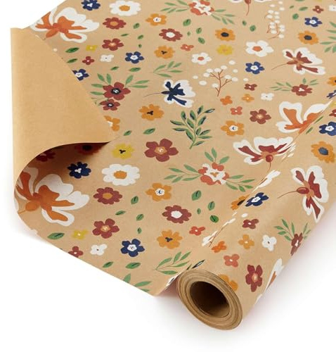 WERNNSAI Kraft Floral Wrapping Paper - 1 Roll 43cm x 10m Flower Wrapping Paper Vintage Floral Gift Wrap for Birthday Wedding Gift Bridal Shower Mothers Day Anniversary