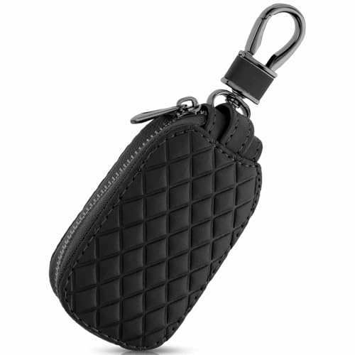Generic Étui universel en cuir véritable pour clé de voiture - Anti-rayures - Étanche - Fermeture éclair - Avec porte-clés et mousqueton - Unisexe - Pour adultes - Noir foncé