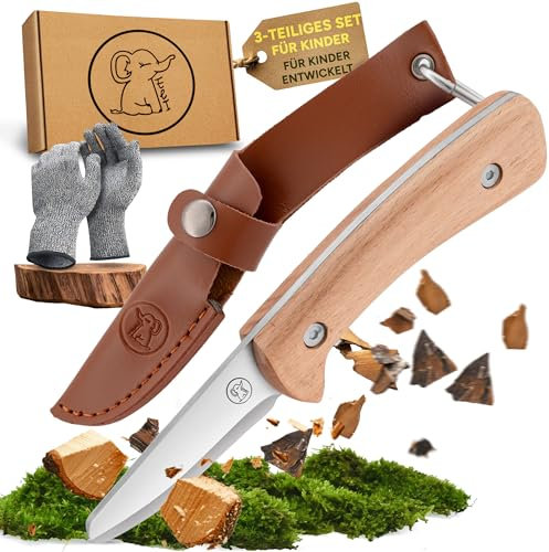 Eli Couteau de sculpture pour enfants à partir de 8 ans - Avec étui en cuir - Kit de sculpture de qualité supérieure avec gants résistants aux coupures - Couteau de sculpture pour enfants - Outil de