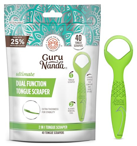 GuruNanda Disposable Tongue Scraper for Adults & Kids, Aligner Removal Tool (40 Ct) Dual-Function, BPA & PFAS-Free, Recyclable, Travel-Friendly, Promotes Fresh Breath, Easy to Use