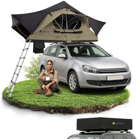 Juskys Autodachzelt Lago 120 x 210 cm - UV-Schutz & Wasserdicht - Matratze & LED-Beleuchtung - Camping & Outdoor - Teleskopleiter - Schwarz/Khaki