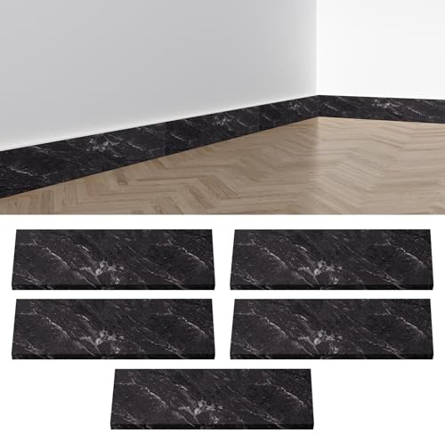 Self-Adhesive Skirting Board Trim, Marble Peel and Stick Wall Base Moulding Trim, 45x12 cm Baseboard Skirting Border for Floor Cover, Wall Corners, Table Edges, Kitchen Counters (Marble Black)