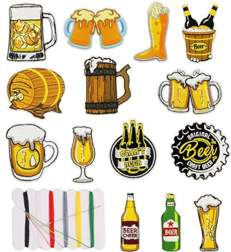 14 PCS Beer Iron On Patches Glass Bottle Alcoholic Drink Embroidered Applique Iron on/Sew on Patches for Backpacks Pants Hat Bags Jackets Vests Coat Uniforms Clothes Jeans