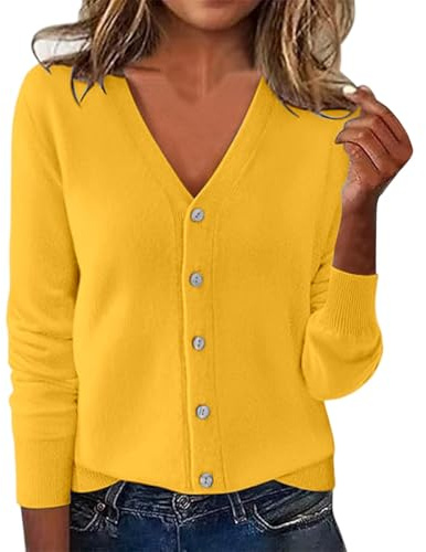 Chaqueta Punto Mujers Cardigan Elegante Otoño Color Liso Cuello En V Botón Manga Larga Rebeca Fina Cómodo y Transpirable Suave Talla Grande Chaquetas Punto