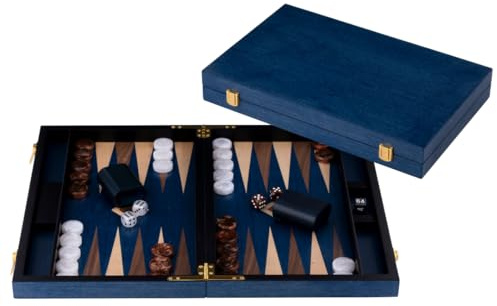 Engelhart-250554 – Backgammon Wooden 15 Inch (38 cm) Luxury Burl Wood Case Walnut Inlay – Open 48 × 38 cm – Brown/White Pieces – Dice & Cups – Classic Board Game