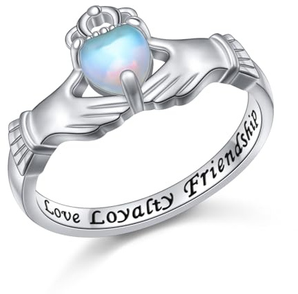 DAOCHONG 925 Sterlingsilber Mondstein Claddagh Ring Graviert Liebe Loyalität Freundschaft Schmuck Geschenk für Frauen Größe 7