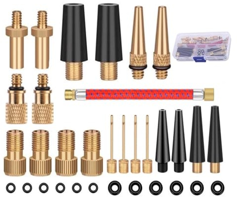 Plomveriq 33 Pcs Bike Pump Adaptor Set, Bicycle Valve Adapter DV/AV/SV, Bike Metal Valve Adapter Kit with Extension Pipe, Bicycle Air Pump Inflation Needle Nozzle Kit for Balls/Bikes