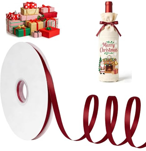 AOOWU Cinta Rojo Vino Bien, 10 mm x 91 m Poliéster de Doble Cara Cinta de Satén, Cinta de Poliéster para Cierres de Globos, Envoltura de Regalo, Decoración para Navidad, Año Nuevo, Fiestas, Bodas