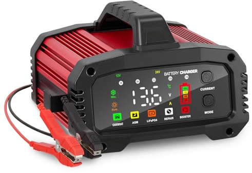 25A Autobatterie Ladegerät, 12V/24V Batterieladegerät KFZ, 8-Stufen Ladegerät mit Reparatur-Modus & Temperaturkontrolle für Motorrad, Rasenmäher, Boot, Lithium, LiFePO4, Blei-Säure (25A)