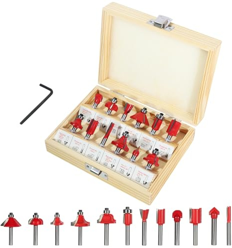 Set di 12 Frese in Carburo di Tungsteno per Fresatrice Verticale - Gambo da 6 mm | Cassetta in Legno per Punte da Fresa | Accessori Professionali per Lavorare Legno, MDF e Plastiche