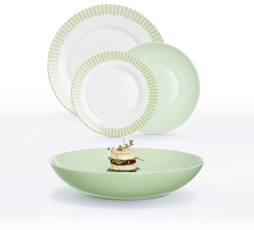 Luminarc Vajilla de vidrio opal Romantic 12 piezas para 4 personas | Verde, diseño redondo, acabado decorado, apilable, fabricada en Francia, apta para microondas y frigorífico