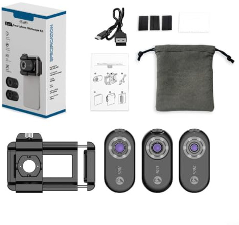 Lapiglo Kit de lentilles de microscope mobile 200x avec lumière LED violette, zoom à 3 niveaux en aluminium, téléphone macro attaché, analyseur de bijoux portable, noir