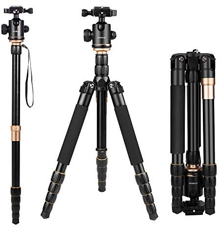 Andoer Q666C Pro Trípode portátil de fibra de carbón para Cámara Réflex, cabeza de bola intercambiable para convertirlo en monopié