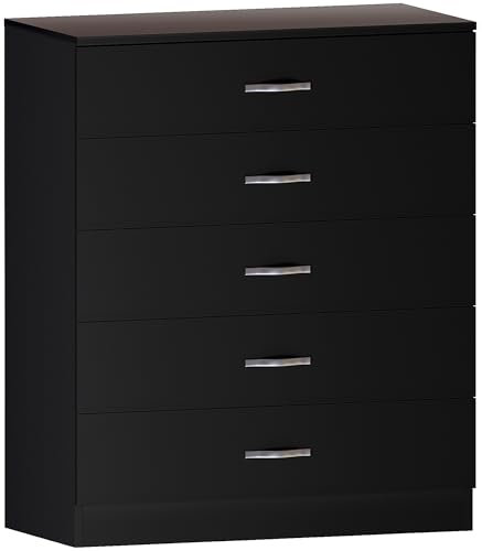 Vida Designs Noir Commode, 5 tiroirs avec poignées en métal et Coureurs, Unique Anti-Bowing tiroir Support, Riano Chambre à Coucher Meubles de Rangement