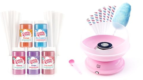 Cotton Candy Express CC1000-S Cotton Candy Machine, with 5-11oz. Jars of Cherry, Grape, Blue Raspberry, Orange, Pink Vanilla Floss Sugar & 50 Paper Cones Easy to Use and Clean