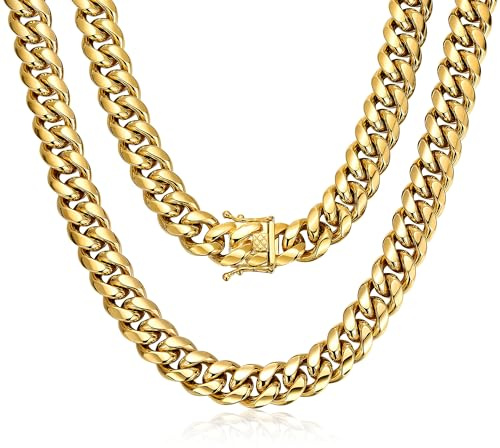 ROWIN&CO robust Miami kubanskt kedjehalsband, 15 mm, 18 tum 20 tum 22 tum 24 tum 66 cm 76 cm 89 cm längd, 18 K äkta guld 316L rostfritt stål (skickas låda)., 20 inch, Guldpläterad, Ingen ädelsten