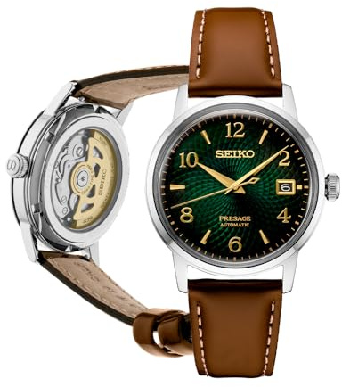 SEIKO SRPE45 Automatic Watch for Men - Presage Cocktail Time - Patterned Green Dial with Golden Numerals and Date Calendar, 50m Water-Resistant