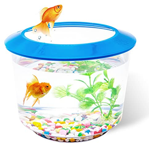 Goldfish Tank – Small Fish Tanks and Aquariums – Fish Bowl – Starter Kits with Gravel Ornamental Plant – Complete Set up for Kids Fishes Tank (Blue)