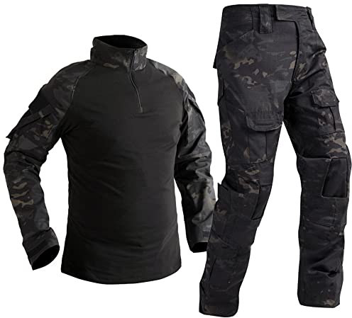 Uugood Combat Shirt Pant Tactical Anzüge Armee Militär T-Shirt Paintball Ausrüstung Taktische Kleidung Bundeswehr Langarm Multicam Uniform für Airsoft Paintball Jagd, schwarze nacht, XXL