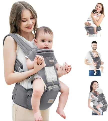 Mumgaroo Baby Carrier with Hip Seat, 6 in 1 Baby Carrier Newborn to Toddler, Adjustable Infant Carrier with Hood, All Seasons & All Position Baby Holder Carrier for Breastfeeding