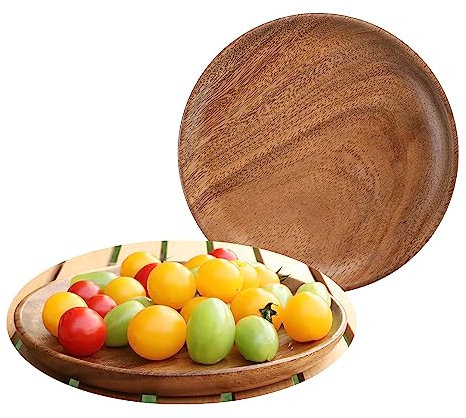 Muso Wood Assiettes Rondes en Bois d'Acacia - 20 cm - Plateau de Service Rond - 2 Pièces - Pour Dessert, Petits Pains, Gâteaux