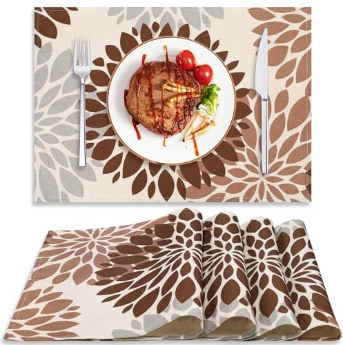 Tischsets Platzset Abwaschbar Dahlie Blumen Braun Herbst 4er Set Tischset Wasserdicht rutschfest Leinen Platzdeckchen Tisch Deko Tischuntersetzer für Hause Küche Restaurant und Hotel 32 x 45 cm