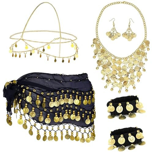 7 Sets Bauchtanz Accessoires Damen,Chiffon Hüfttuch Bauchtanz Münztuch Schwarz goldmünzen Bauchtanz Rock mit Goldmünzen Ohrringe, Halskette, Armbänder und kopfschmuck, für Show, Party, Feier, Studium