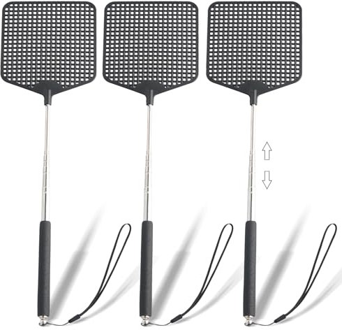 3 Stück Ausziehbare Fliegenklatschen Set mit Stabilem Griff und Lanyard - Effektiver Schutz vor Fliegen, Wespen und Mücken - Insektenabwehr für Zuhause und Unterwegs