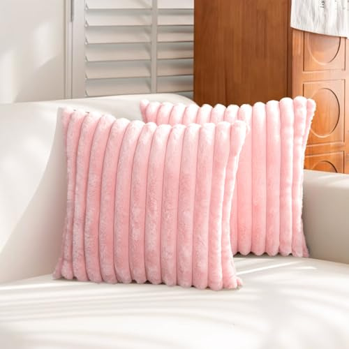 Uhomy Set di 2 federe decorative per cuscini in finta pelliccia, lussuose, super morbide, a righe, per divano, camera da letto, comode, spesse e soffici, 50 x 50 cm, rosa brillante