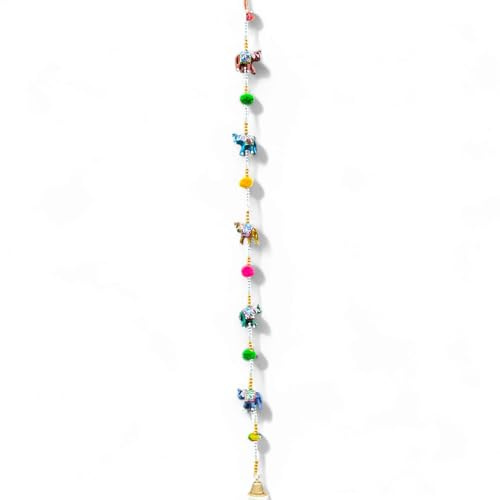 Elephant Ornament Ethnic Kalamkari Multi colour Hand Painted Door Hanging Decorative Five Stringed Together with Beads and Bell Wind Chime