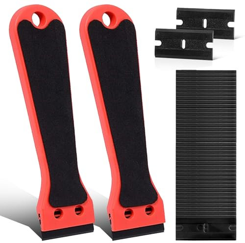 2 Pcs Plastic Scraper with 100 Plastic Razor Blade, 6inch Long Handle with EVA Foam, Super Scratch Remover for Glass, Window, Car Sticker, Glue, Hob, Oven, Non Floor, Wall, Label Remover